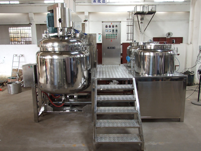 USA NY customer for 350L vacuum emulsifier homogenizer emulsifying mixing equipment with load cell weighing system