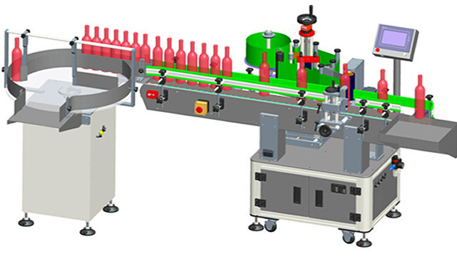 Singaporian customer ordered model YX-630AA wine bottle labeling machine with bottles turntable feeding system