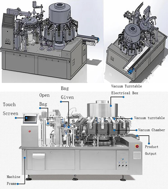 drawing and illustration of vacuum packing granules machine.